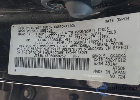 2005 Toyota 4Runner Sr5 V6 z USA, uszkodzony, nr VIN JTEBU14R950058252